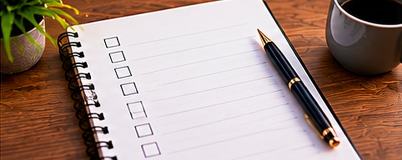 A spiral notebook with an empty checklist and a pen