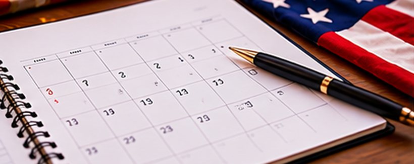 A printed election calendar with a pen and an American flag