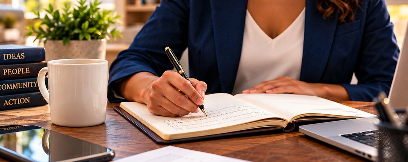 A person writing in a notebook beside books titled Ideas, People, Community and Action