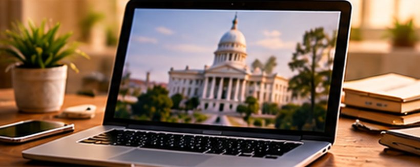 A laptop on a desk showing a photo of a capitol building
